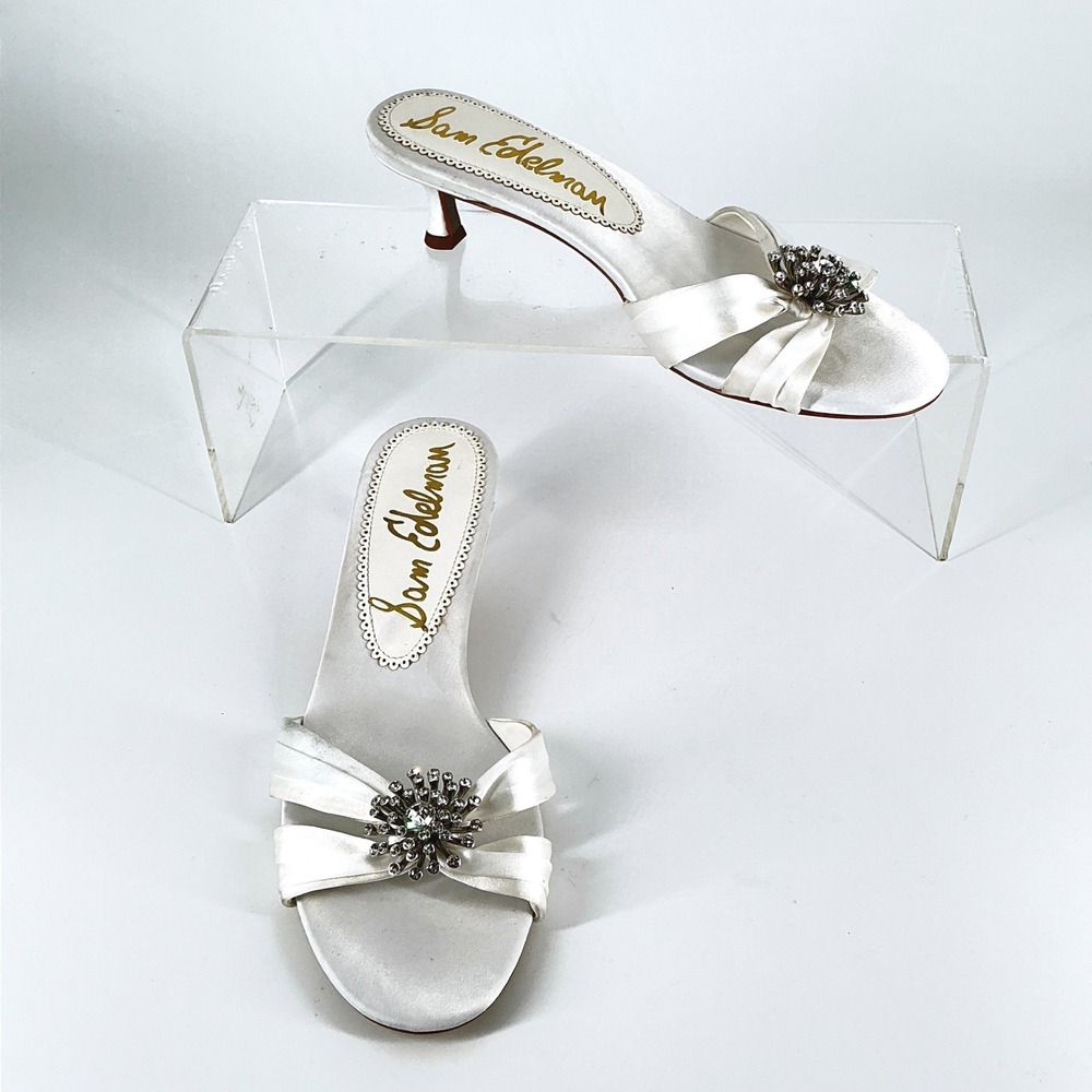 Sam Edelman Size 7.5 White Satin Rhinestone Kitten Heel Slide Mules Cindie - Picture 5 of 13